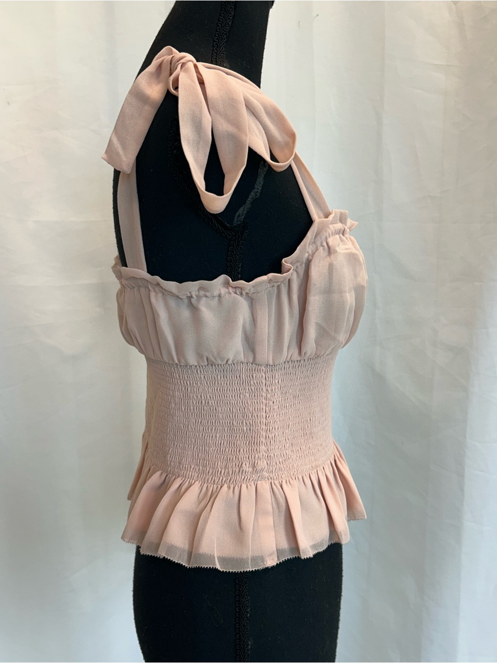 Aritzia Wilfred Blush Pink Smocked Tie-Shoulder Peplum Top Romantic Sz M - Picture 5 of 14